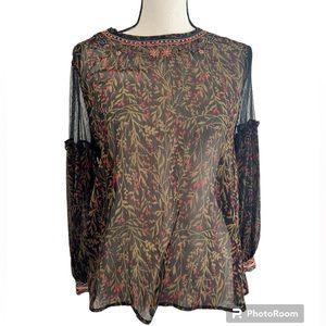 Zara Floral Print Long Sleeve Blouse with Mesh Sleeve